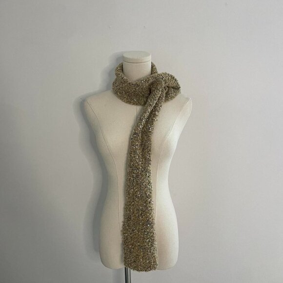 Vintage Handwoven Tan Scarf | Yuki Kreiner Textured Boucle Neutral Wool Blend - Picture 1 of 5